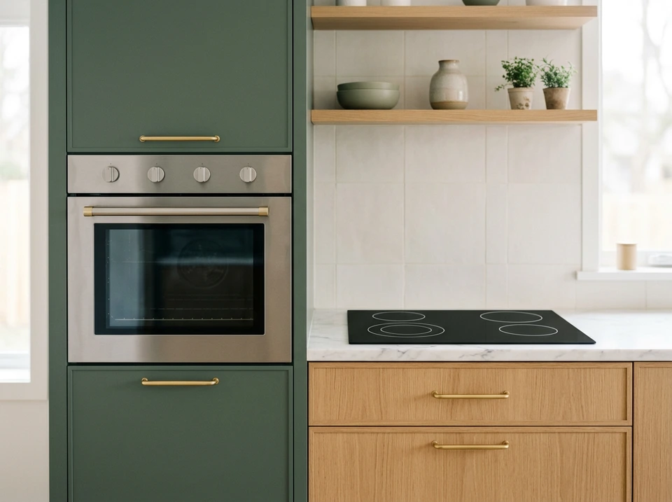 Horno de pared de acero inoxidable junto a una cubierta de inducción en una cocina moderna (imagen ilustrativa)
