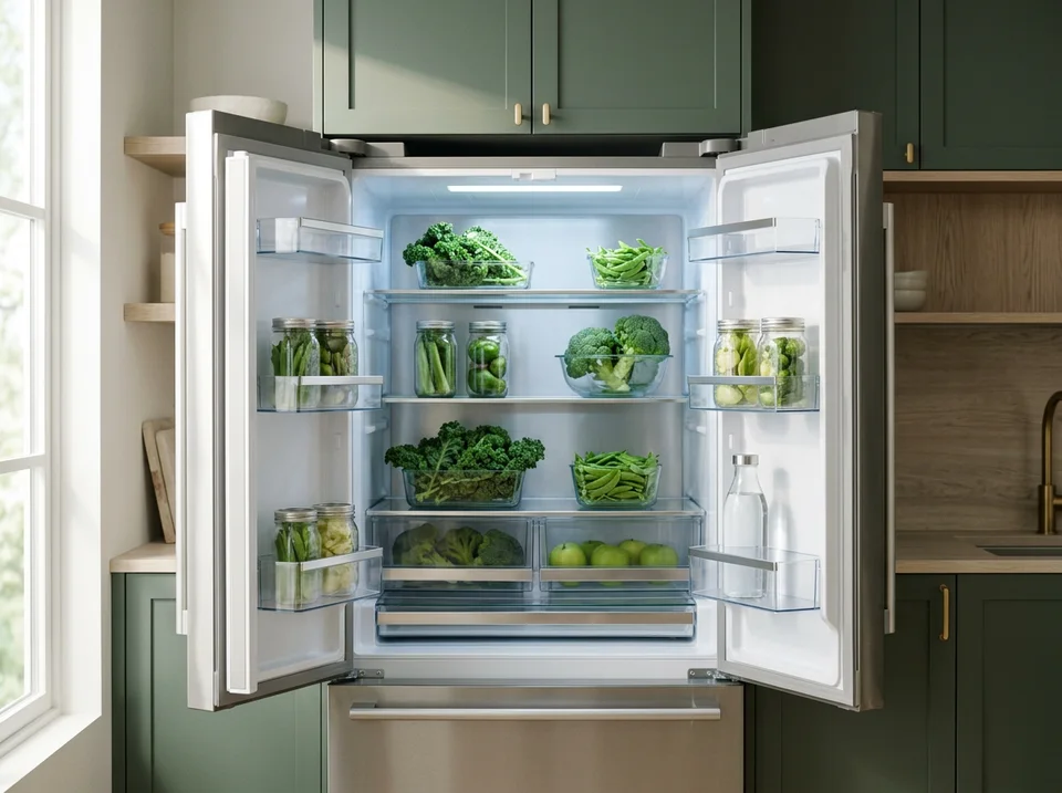 Interior ordenado de una nevera abierta con verduras y frascos de vidrio (imagen ilustrativa)