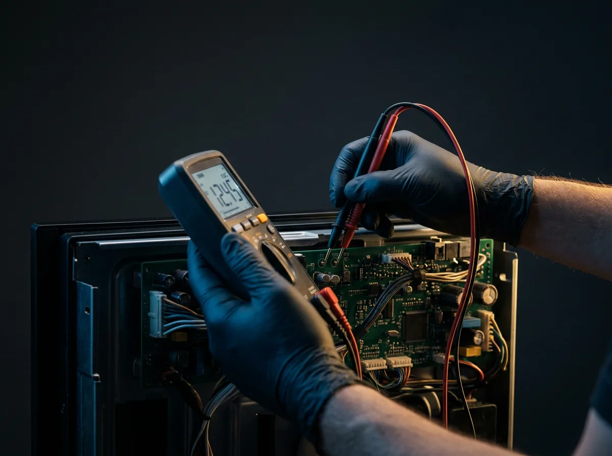 Técnico usando un multímetro para diagnosticar el panel electrónico de un electrodoméstico Samsung